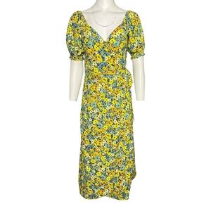 LSPACE Talia Wrap Dress in Daisy Diamond Midi Yellow Puff Sleeve Size Small